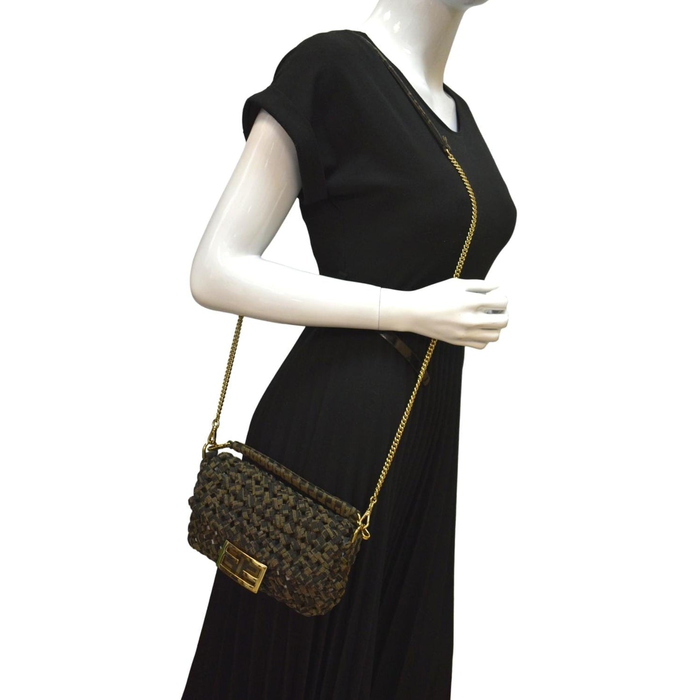 FENDI Mini Baguette Woven Jacquard Fabric Shoulder Bag Brown