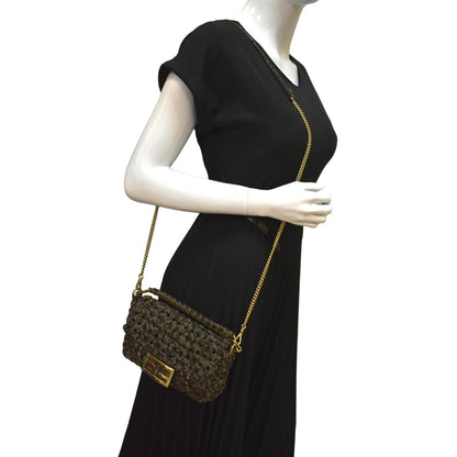 FENDI Mini Baguette Woven Jacquard Fabric Shoulder Bag Brown