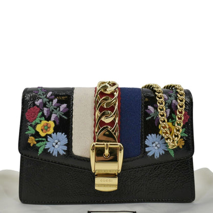 GUCCI Sylvie Super Mini Embroidered Leather Crossbody Chain Wallet Black 494646