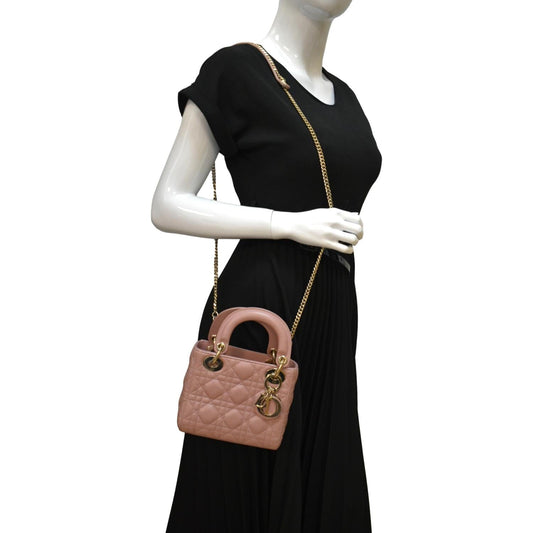 CHRISTIAN DIOR Mini Lady Dior Cannage Lambskin Leather Shoulder Bag Blush