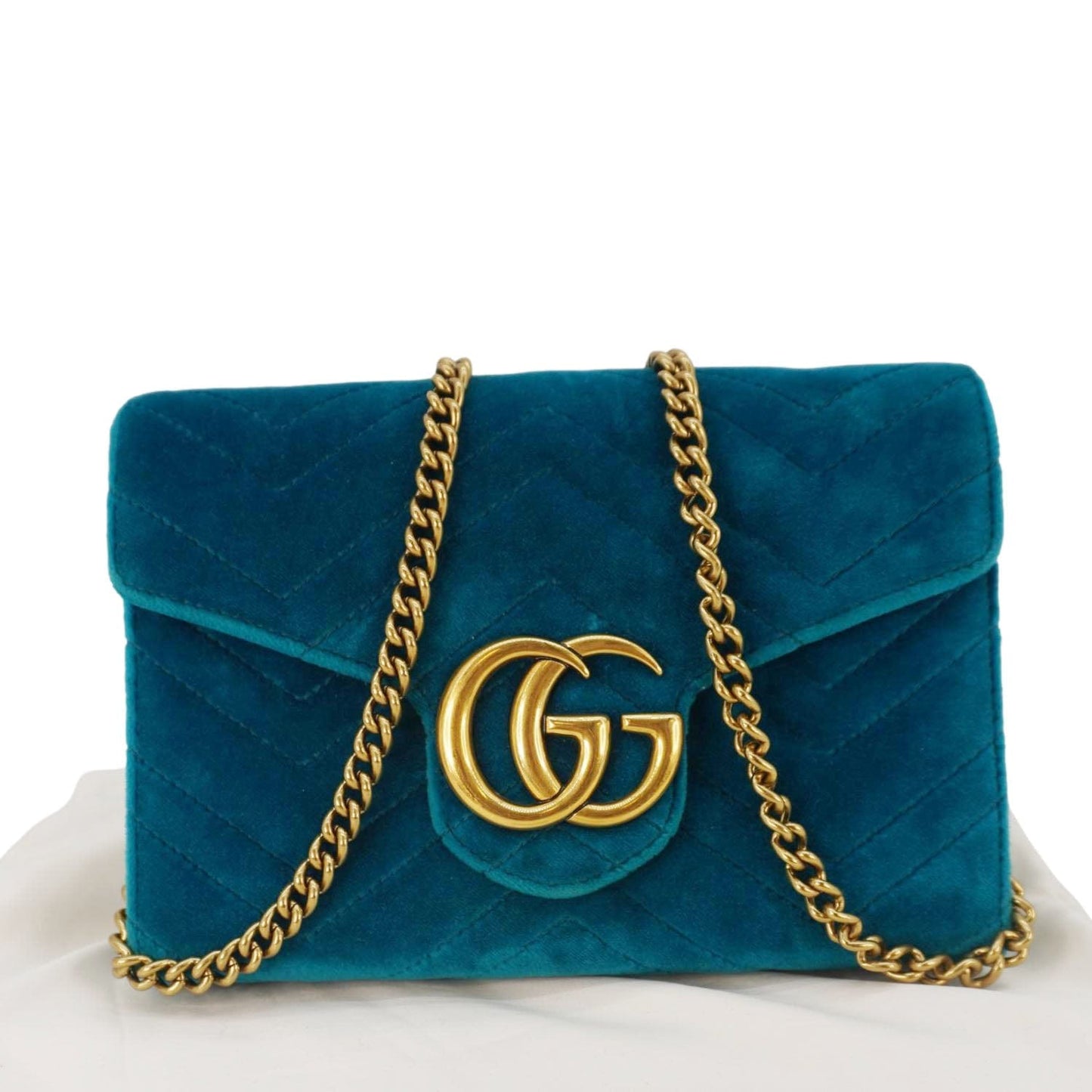 GUCCI GG Marmont Matelasse Velvet Chain Wallet Pavone Cyan 474575