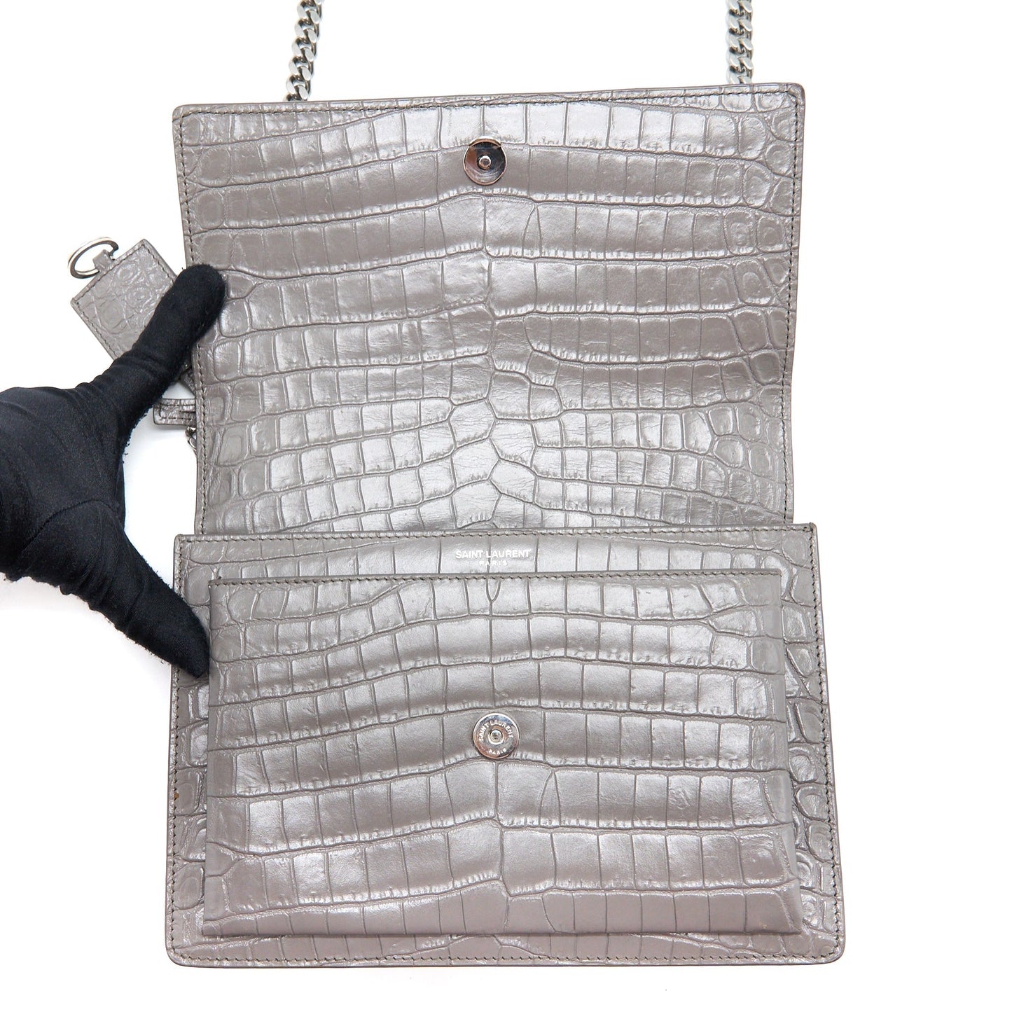 Saint Laurent Medium Sunset Chain Bag Croc Embossed Calfskin Grey SHW
