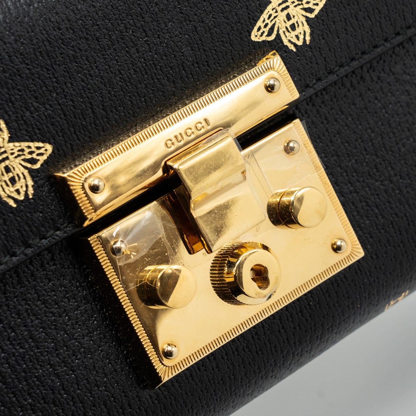 Gucci padlock chain bag bee print calfskin black