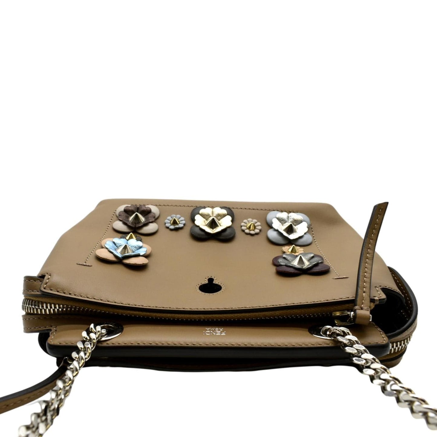 FENDI DotCom Flower Embellished Leather Shoulder Bag Tan