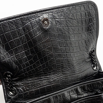 Saint Laurent/YSL Medium Niki Bag Crocodile-Embossed Black Calfskin Black Hardware
