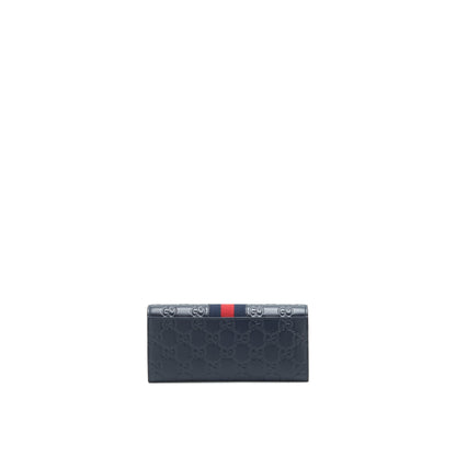 Gucci Men's Signature Web Leather Long Wallet In Dark Navy