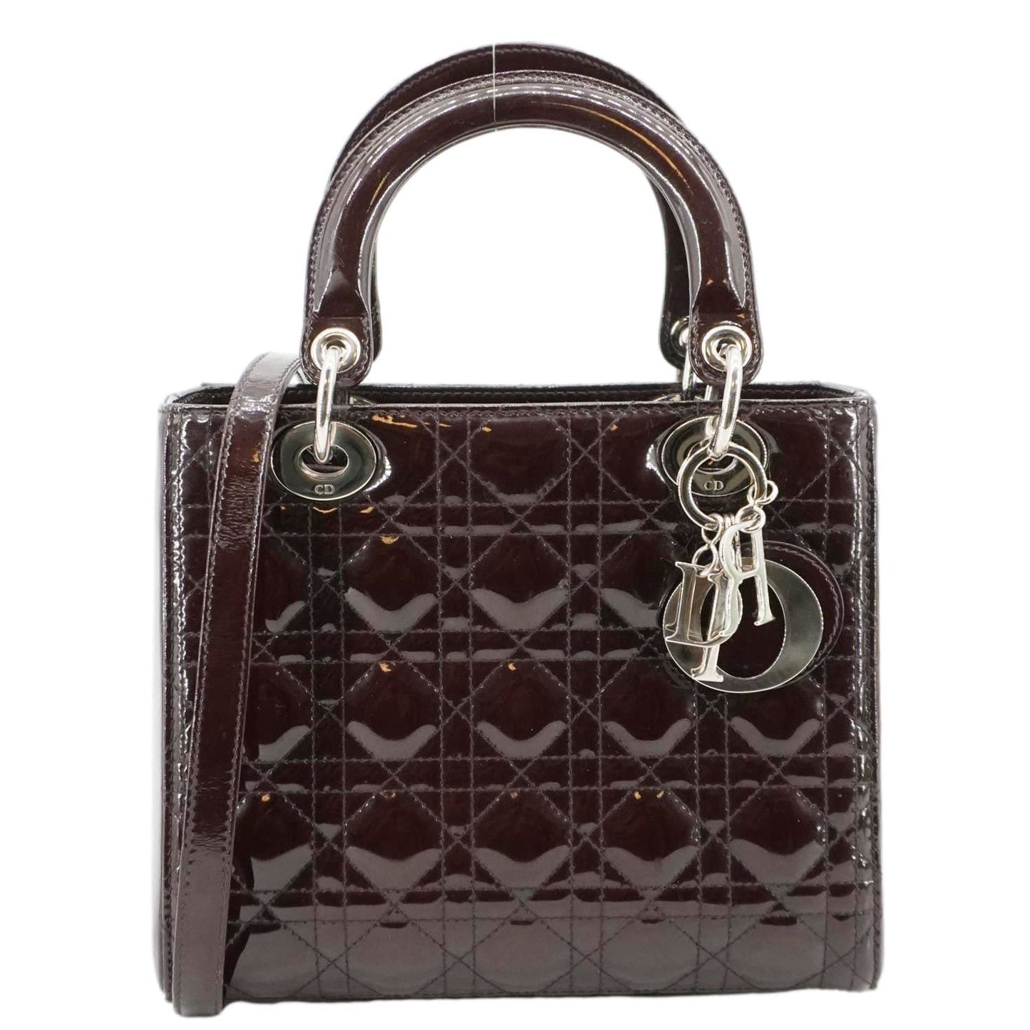 CHRISTIAN DIOR Lady Dior Quilted Patent Leather Shoulder Bag Burgundy