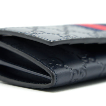 Gucci Men's Signature Web Leather Long Wallet In Dark Navy