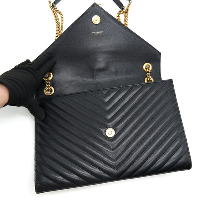 Saint Laurent / YSL Large Envelope Chain Flap Bag in Black Grain de Poudre