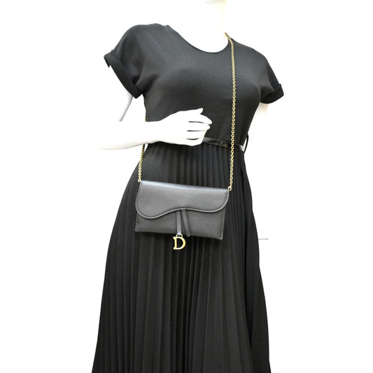 CHRISTIAN DIOR Long Saddle Leather Crossbody Chain Wallet Black