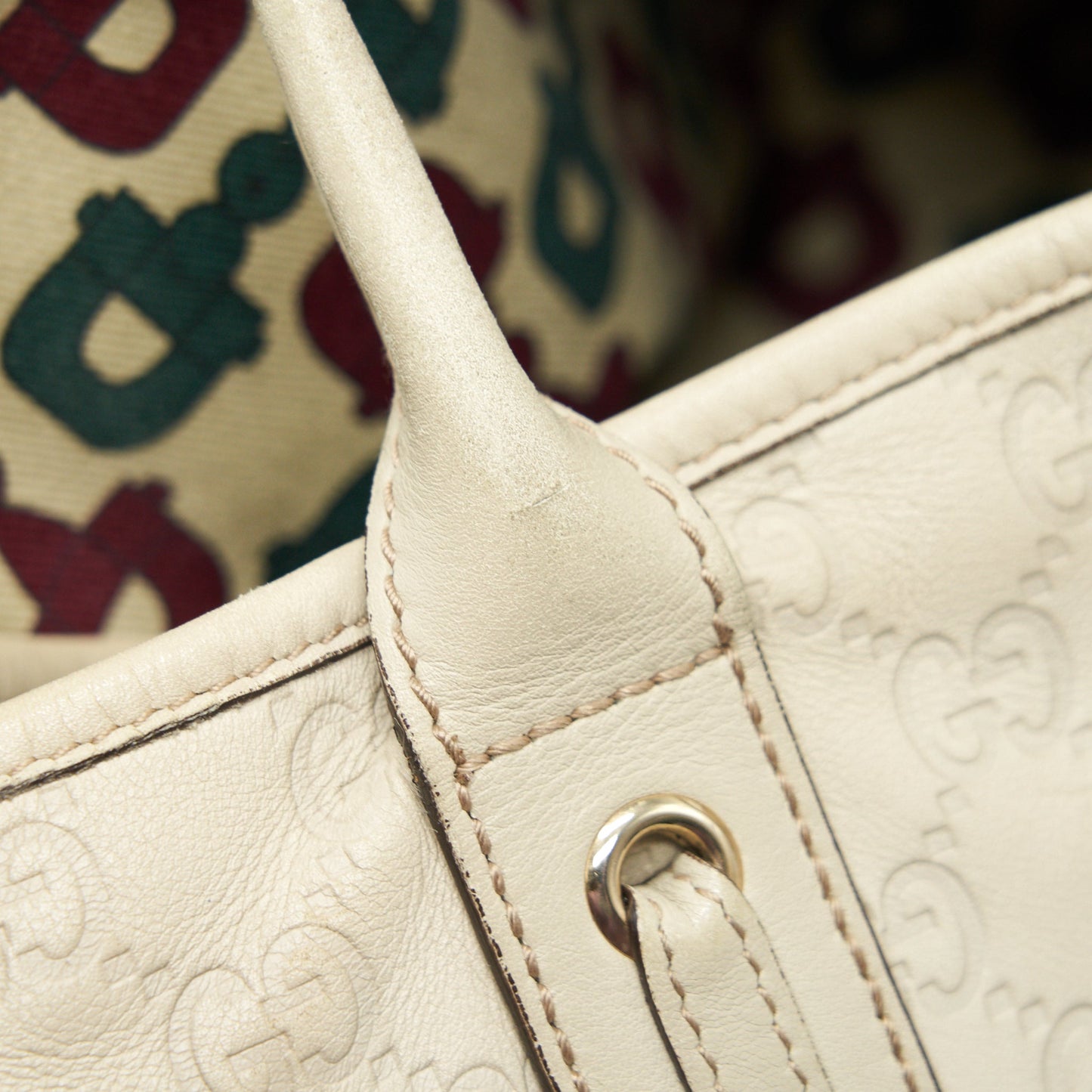 Gucci Monogram Leather Shopping Tote Bag Creamy Beige