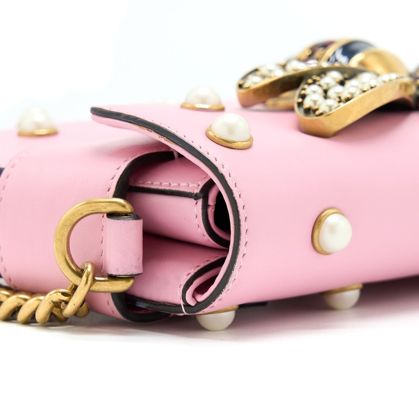 Gucci Pearl Studded Mini Broadway Bee Shoulder Bag Pink