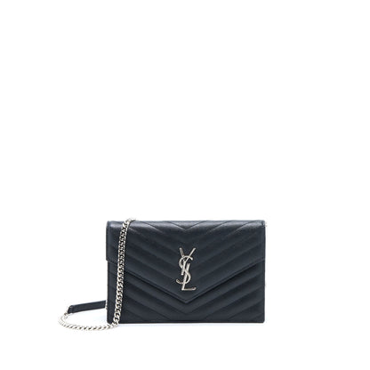 Saint Laurent/ YSL Envelope Wallet On Chain Grain Calfskin Black SHW