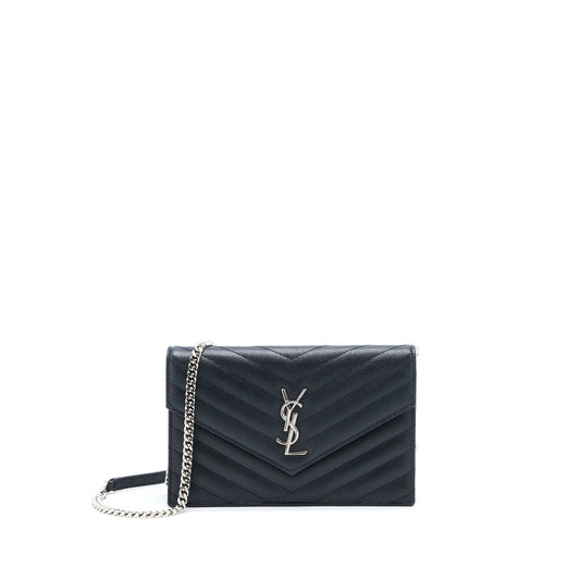 Saint Laurent/ YSL Envelope Wallet On Chain Grain Calfskin Black SHW