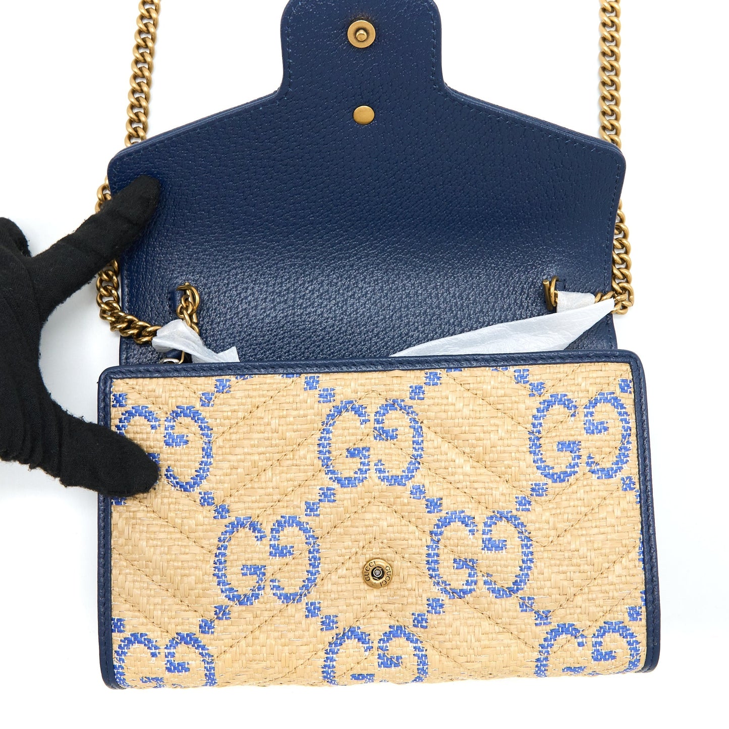 Gucci GG Marmont Flap Bag Matelasse Raffia Blue/Multicolour Brushed