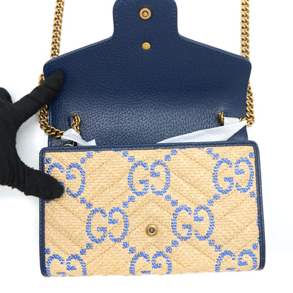 Gucci GG Marmont Flap Bag Matelasse Raffia Blue/Multicolour Brushed