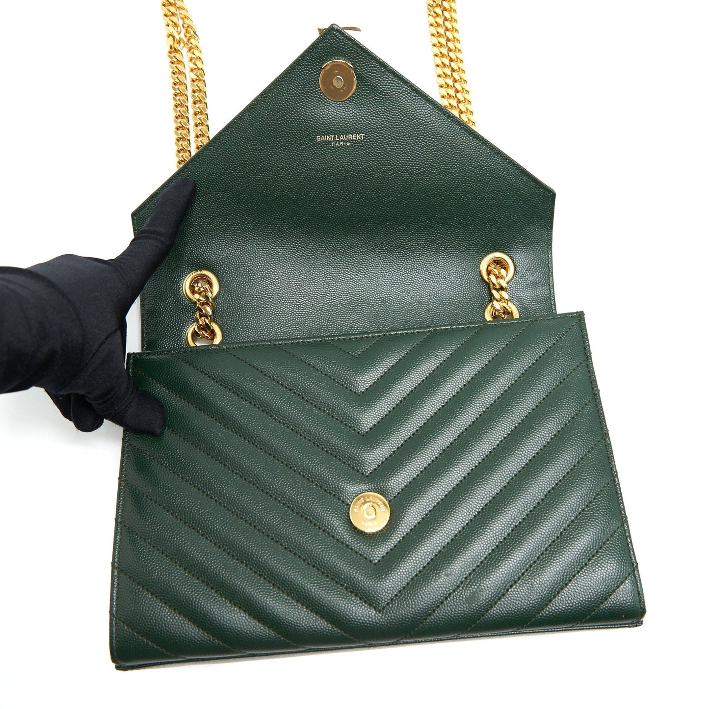 Saint Laurent Chevron Monogram Flap Bag Dark Green GHW