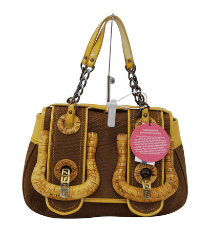 Fendi Raffia B Canvas Brown Shoulder Bag Mint Condition