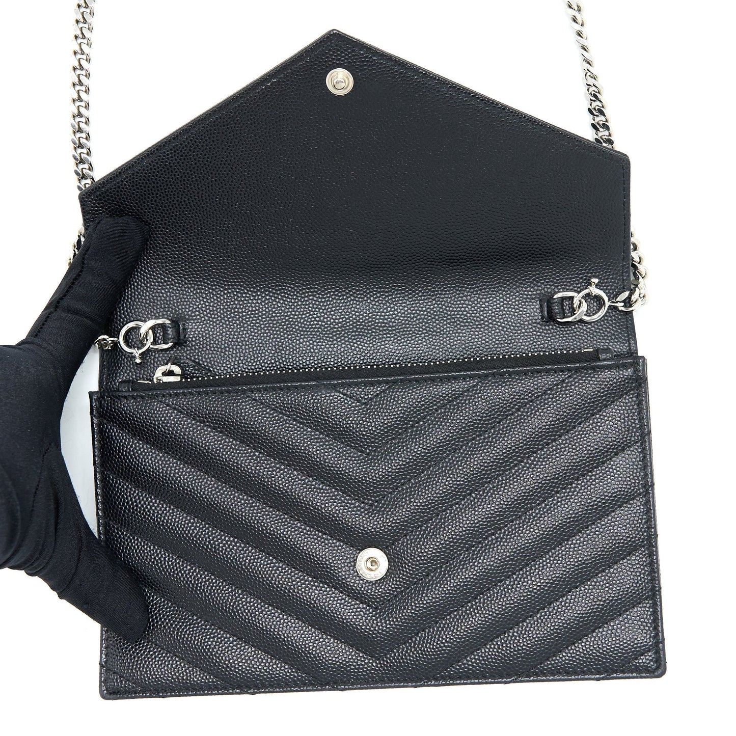 Saint Laurent/ YSL Envelope Wallet On Chain Grain Calfskin Black SHW