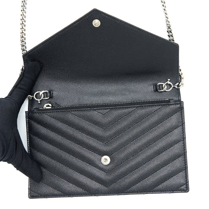 Saint Laurent/ YSL Envelope Wallet On Chain Grain Calfskin Black SHW