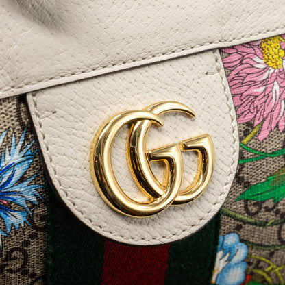 GUCCI OPHIDIA GG LEATHER TRIMMED Flora PRINTED COATED CANVAS TOTE Mulitcolour