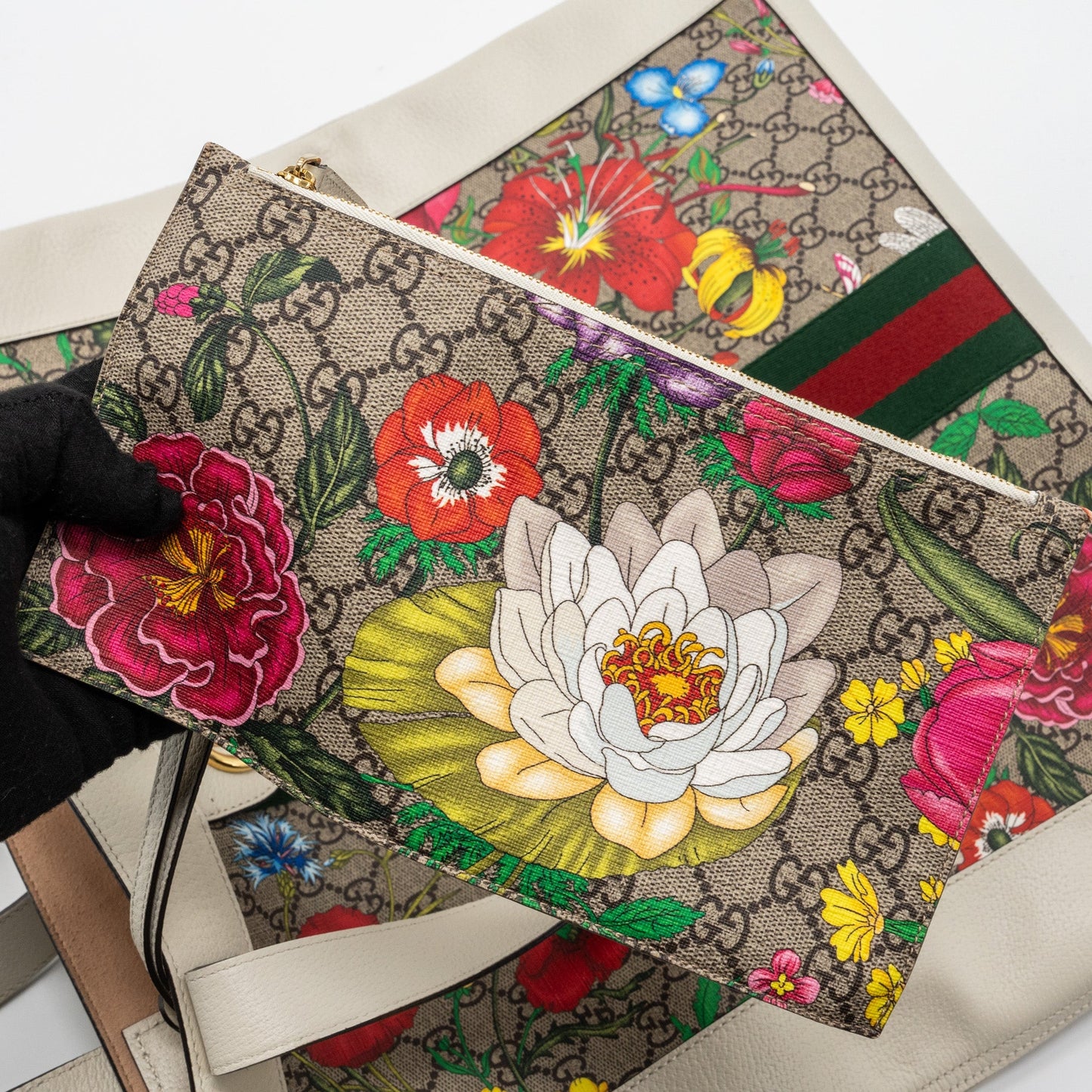 GUCCI OPHIDIA GG LEATHER TRIMMED Flora PRINTED COATED CANVAS TOTE Mulitcolour