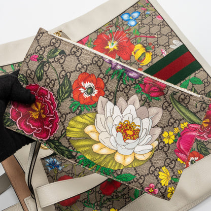 GUCCI OPHIDIA GG LEATHER TRIMMED Flora PRINTED COATED CANVAS TOTE Mulitcolour