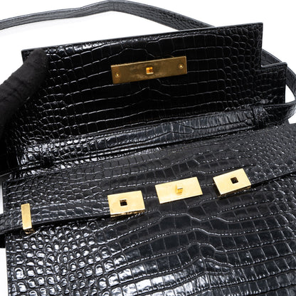Saint Laurent Manhattan Shoulder Bag Crocodile-Embossed Black GHW