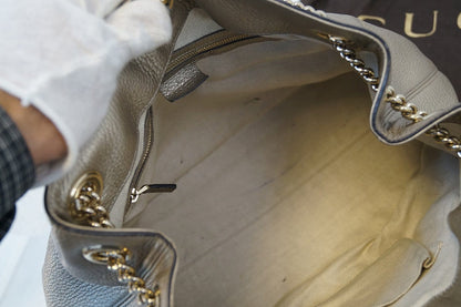 GUCCI Gold Pebbled Leather Soho Chain Tote Bag