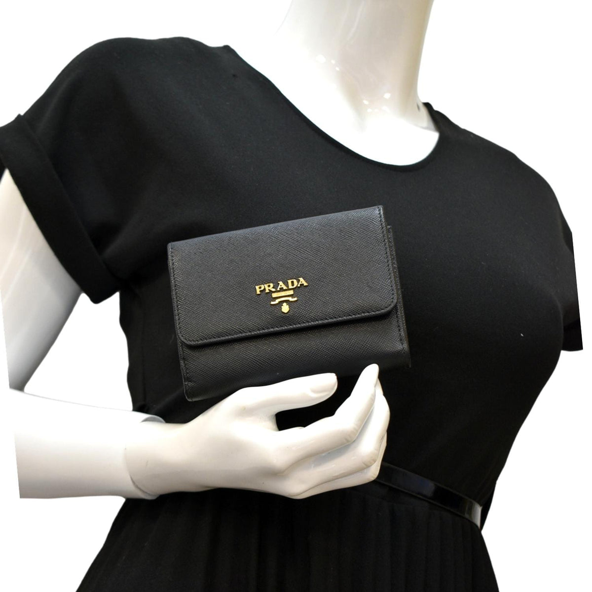 PRADA Fold Over Saffiano Leather Wallet Black