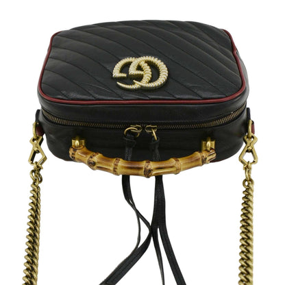 GUCCI GG Marmont Diagonal Leather Bamboo Top Handle Crossbody Bag Black 602270