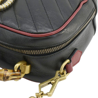 GUCCI GG Marmont Diagonal Leather Bamboo Top Handle Crossbody Bag Black 602270