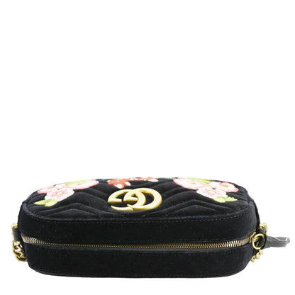 GUCCI GG Marmont Small Matelasse Deer Embroidered Velvet Camera Bag Black