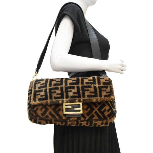 FENDI Baguette Medium FF Shearling Sheepskin Shoulder Bag Brown