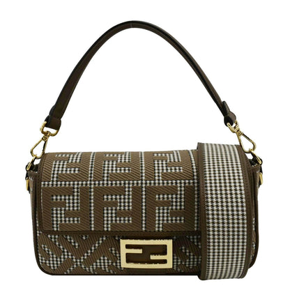 FENDI Houndstooth Baguette Zucca Wool Medium Shoulder Bag Olive