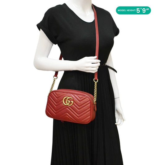 GUCCI GG Marmont Small Matelasse Chevron Leather Crossbody Camera Bag Red 447632