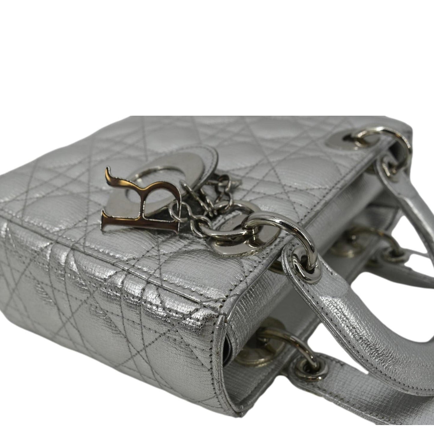 CHRISTIAN DIOR Lady Dior Lambskin Leather Shoulder Bag Metallic Silver