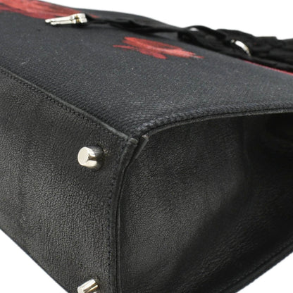 PRADA Canapa Floral Frame Canvas Top Handle Tote Bag Bag Black