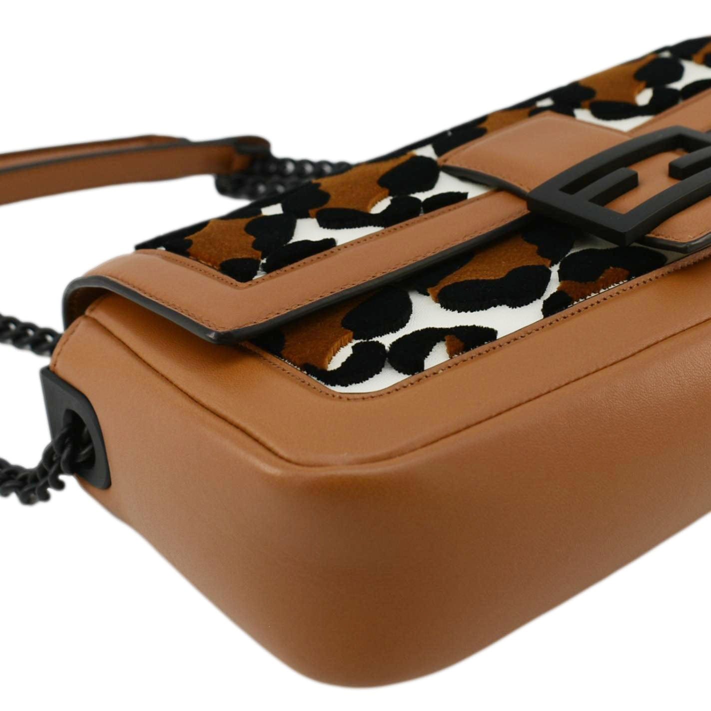 FENDI Baguette Mini Leopard Print Calf Leather Shoulder Bag Brown