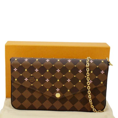 LOUIS VUITTON Studded Felicie Damier Ebene Pochette Crossbody Bag Brown