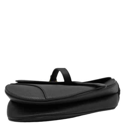 CHRISTIAN DIOR Saddle Grained Leather Satchel Shoulder Bag Black