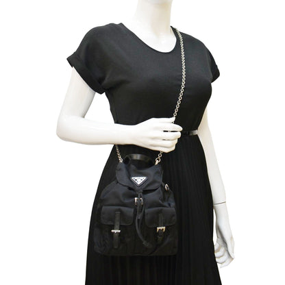 PRADA Double Pocket Mini Nylon Backpack Crossbody Bag Black