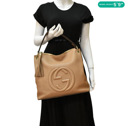 GUCCI Soho Large Pebbled Leather Hobo Shoulder Bag Tan 536194