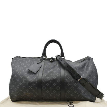 LOUIS VUITTON Keepall 55 Bandouliere Monogram Eclipse Travel Bag Black