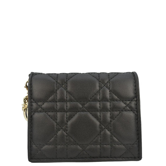 CHRISTIAN DIOR Lady Dior Gardenia Mini Cannage Lambskin Compact Wallet Black