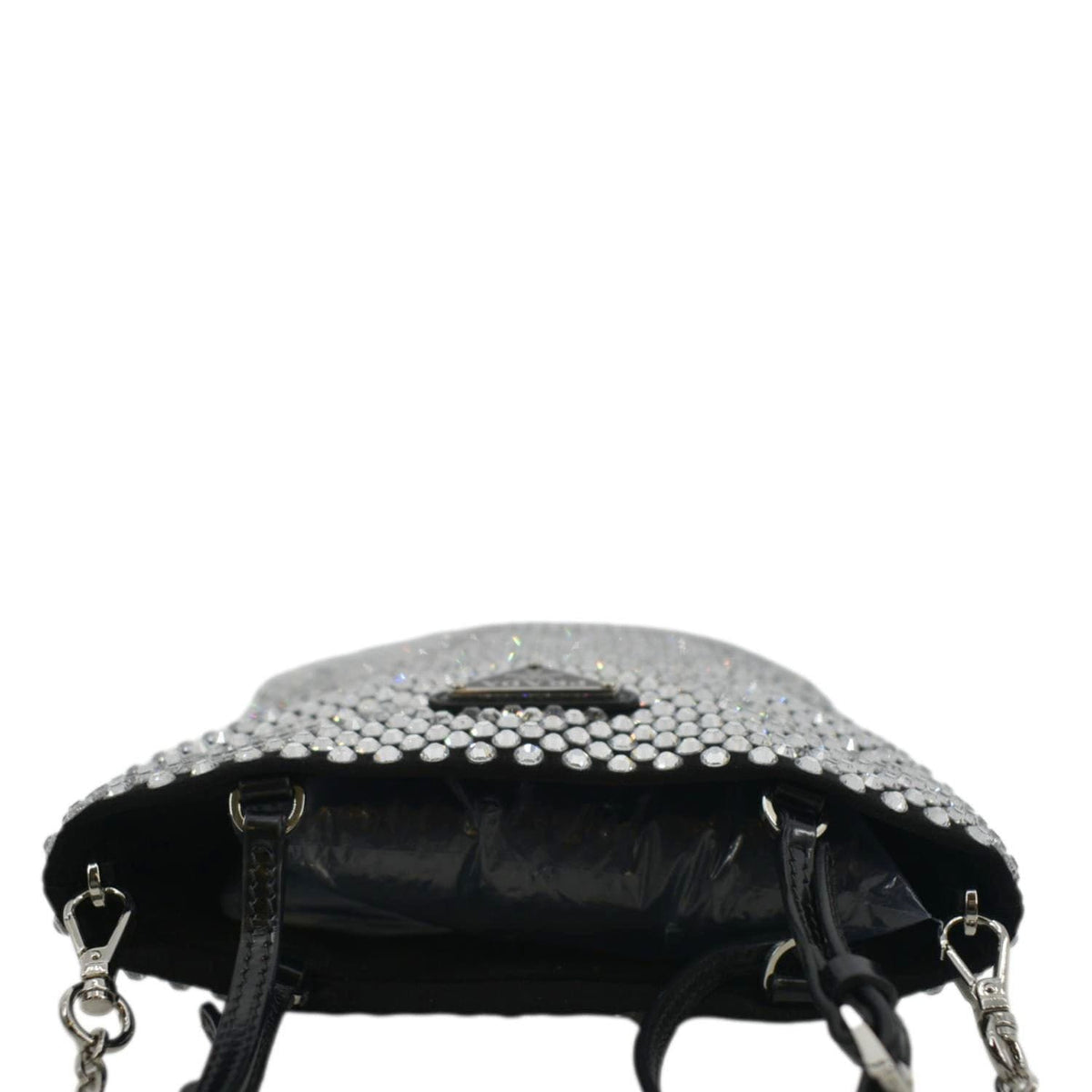 PRADA Chain Flat Mini Crystal Embellished Satin Tote Bag Silver