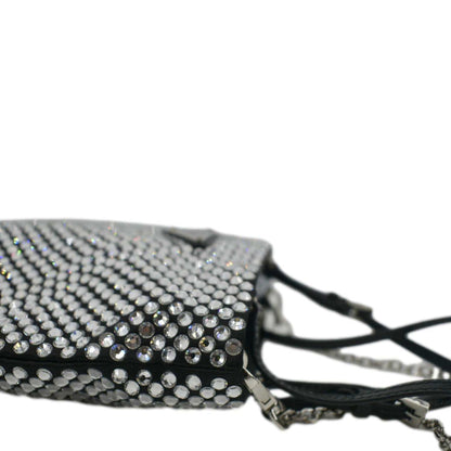 PRADA Chain Flat Mini Crystal Embellished Satin Tote Bag Silver