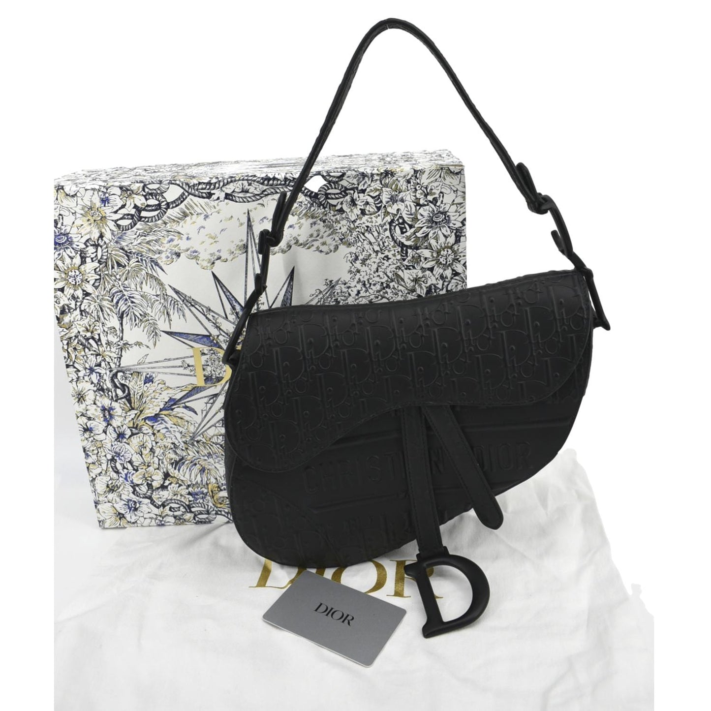 CHRISTIAN DIOR Saddle Oblique Embossed Calfskin Satchel Bag Black