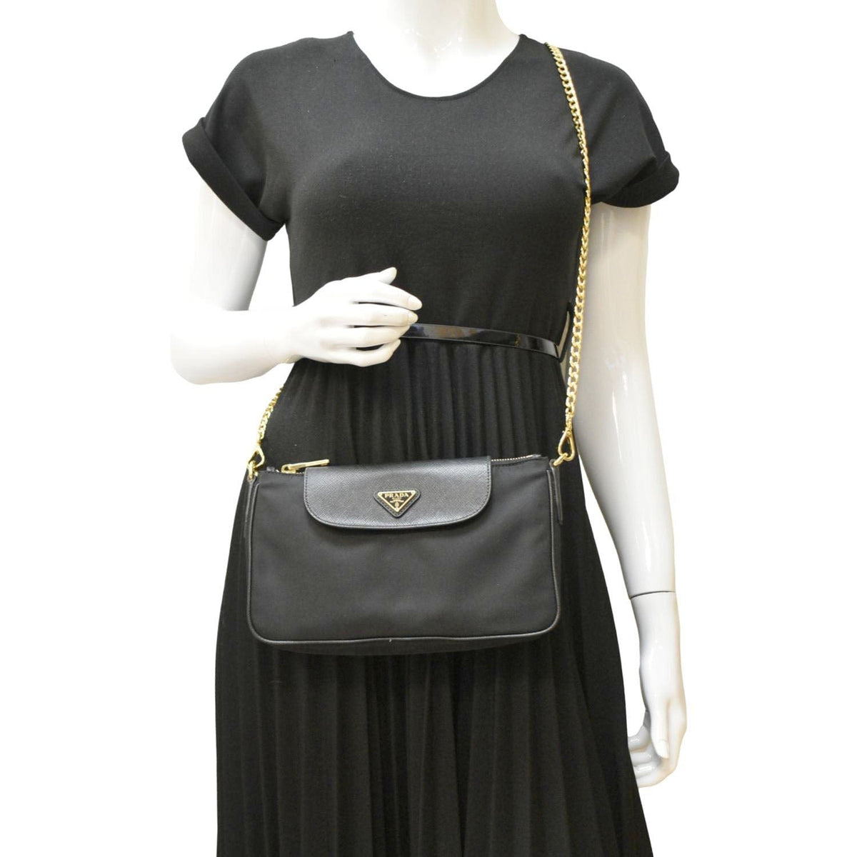 PRADA Small Tessuto Saffiano Chain Crossbody Bag Black
