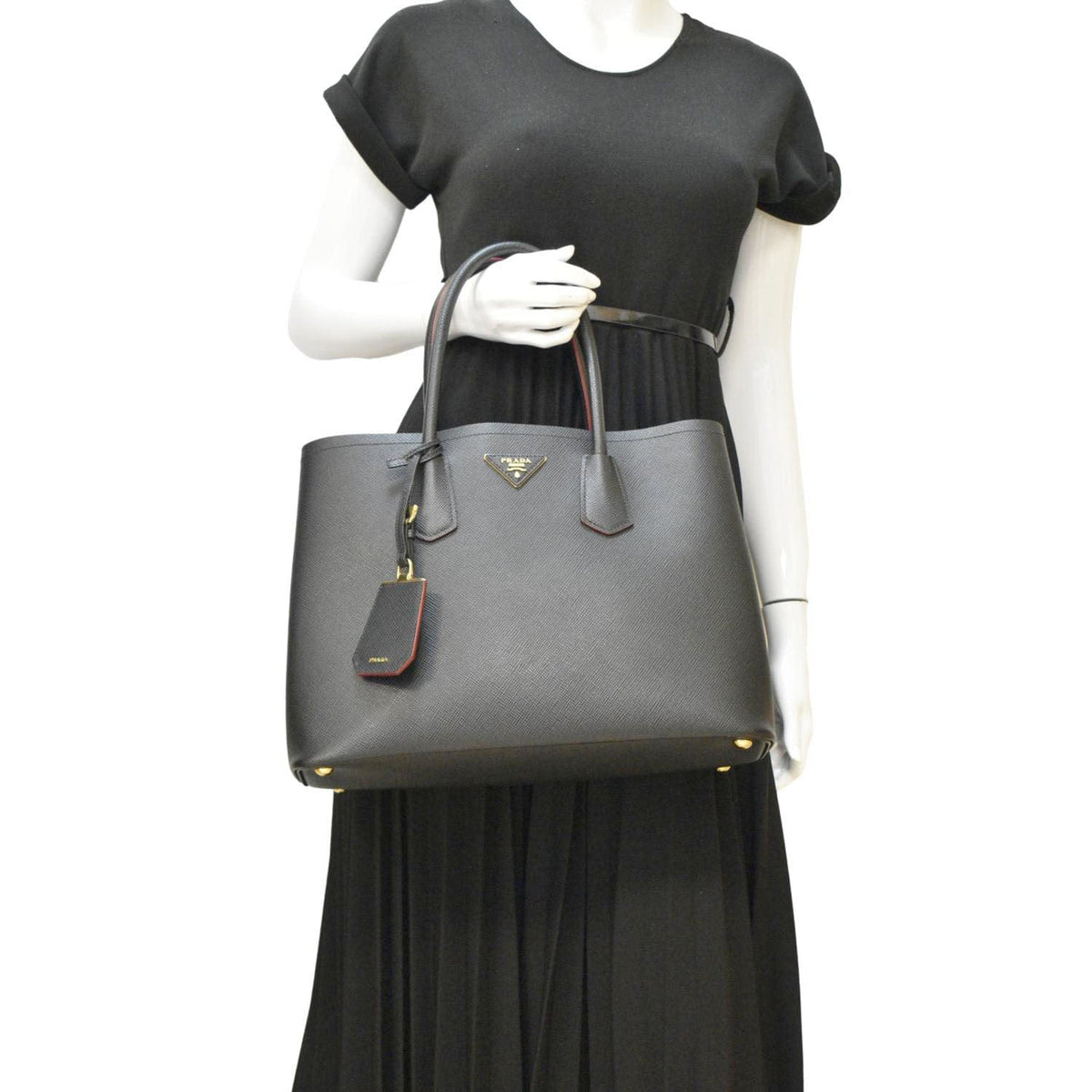 PRADA Double Handle Saffiano Leather Tote Bag Black